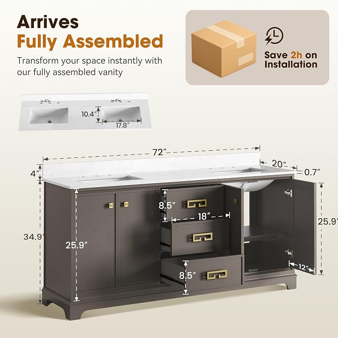 72 Inch Double Sink Bathroom Vanity, Dark Walnut | Fully Assembled Bathroom Sink Cabinet, Marble Countertop & Backsplash, Soft Closing 4 Doors & 3 Drawers, Adjustable Shelves