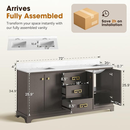 72 Inch Double Sink Bathroom Vanity, Dark Walnut | Fully Assembled Bathroom Sink Cabinet, Marble Countertop & Backsplash, Soft Closing 4 Doors & 3 Drawers, Adjustable Shelves