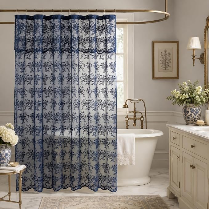 TUDECO Navy Blue Lace Shower Curtain with Attached Valance, 72 x 72 Inch | Retro Floral, Masculine Bathroom Curtain, Moody, Scalloped Edges, Lets Light In, Reinforced Holes, Machine Washable