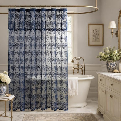 TUDECO Navy Blue Lace Shower Curtain with Attached Valance, 72 x 72 Inch | Retro Floral, Masculine Bathroom Curtain, Moody, Scalloped Edges, Lets Light In, Reinforced Holes, Machine Washable