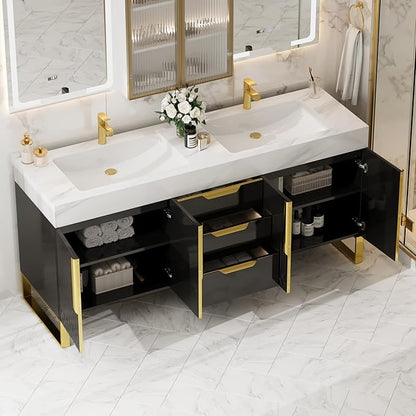 homary 60" Freestanding Bathroom Vanity Set with Double Sink, Modern Bathroom Sink Cabinet Storage Cabinet with Sintered Stone Countertop and Ample Storage, Black