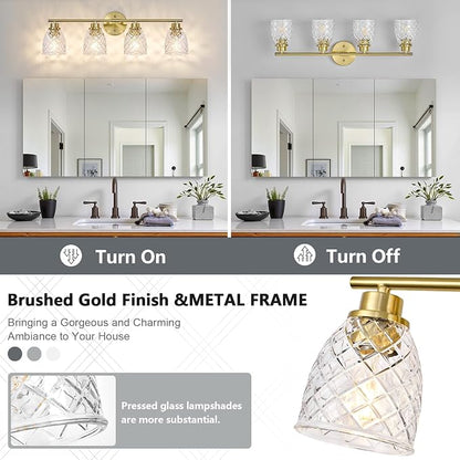 4-Light Vanity Light Over Mirror, Brushed Gold Bathroom Light Fixtures | Modern Farmhouse Wall Sconces with Hammered Glass Lampshade for Kitchen Hallway Bedroom Living Room Cabinet Porch-27.5IN
