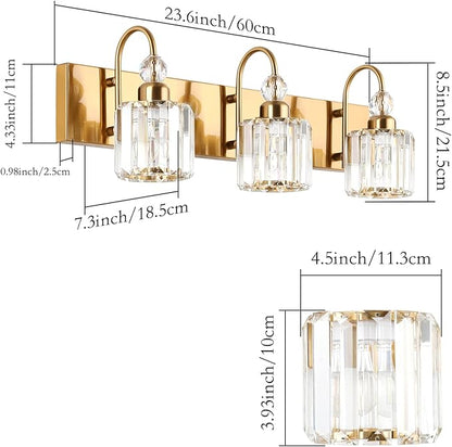 Ralbay Brass Gold Bathroom Vanity Lights 3-Lights Brass Gold Crystal Vanity Lights Over Mirror Modern Crystal Brass Gold Bathroom Vanity Lighting Fixtures