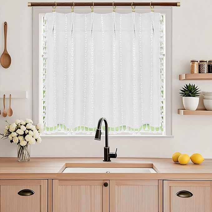 Seenus Boho Farmhouse Window Curtain with Tassels, 30 x 24 Inch Light Filtering Sheer Short Cafe Window Curtain Tier, White Linen Textured Pleated Small Window Drape for Kitchen or Bathroom, 1 Panel