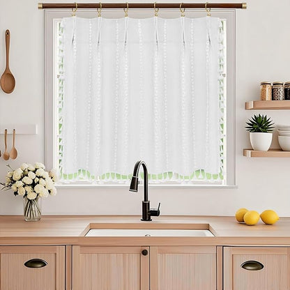 Seenus Boho Farmhouse Window Curtain with Tassels, 30 x 24 Inch Light Filtering Sheer Short Cafe Window Curtain Tier, White Linen Textured Pleated Small Window Drape for Kitchen or Bathroom, 1 Panel