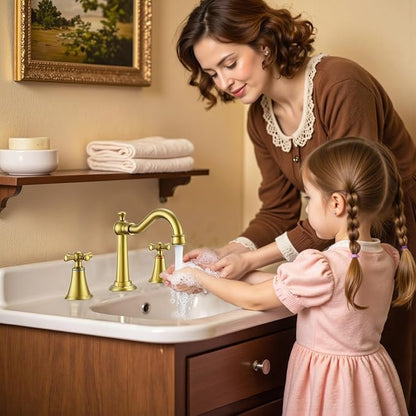 Hurran 8 Inch Widespread Bathroom Sink Faucet Brushed Gold, 3 Hole 2 Cross Handles Classic Vintage Antique Faucet with Metal Pop Up Drain and Supply Hoses for Vanity, RV, Farmhouse
