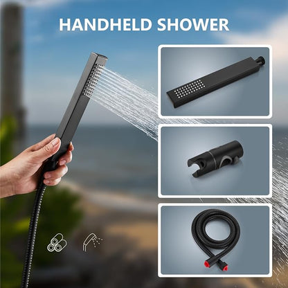 Aolemi Outdoor Shower Kit with Handheld,Square Rain Shower,Matte Black | 2-Handle Hot and Cold Control, Adjustable Height, 6-Inch Center Valve, 59-Inch Hose, Winter Drainage Outdoor Shower Fixtures