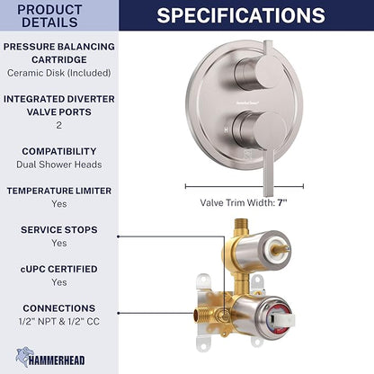 HammerHead Showers Solid Metal Two Handle Shower Valve and Trim Kit Brushed Nickel, Diverts Water Controls Volume and Temperature, Rough-In Shower Trim Kit with Valve and Pressure Balance Shower Valve