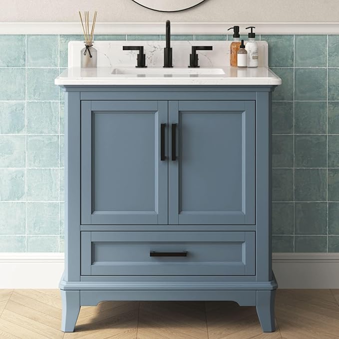 30 Inch Bathroom Vanity with Sink, Single Sink Bathroom Vanity with Adjustable Feet, Solid Wooden Frame Bathroom Storage Cabinet with Soft Closing Doors & Dovetail Drawers, Steel Blue