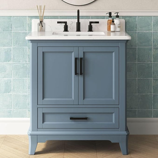 30 Inch Bathroom Vanity with Sink, Single Sink Bathroom Vanity with Adjustable Feet, Solid Wooden Frame Bathroom Storage Cabinet with Soft Closing Doors & Dovetail Drawers, Steel Blue