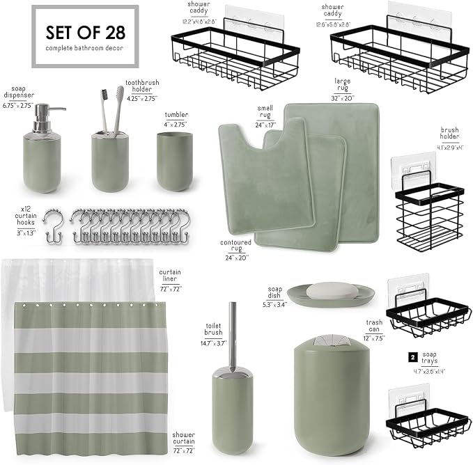 Clara Clark Bathroom Accessories Set - 28PC Bathroom Set with Adhesive Corner Shower Caddy Hanging, Bathroom Sets with Shower Curtain and Rugs, Sage Green Shower Curtain Set with Bathroom Trash Can
