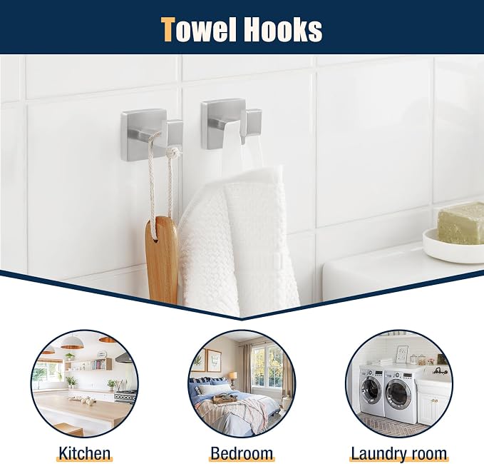 10 Pcs Silver Bathroom Hardware Accessories Set 23.6 Inch Wall Mounted | Bath Towel Bar Kit with Square Towel Racks Ring and Towel Hooks, Paper Holder, 304 Stainless Steel