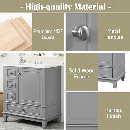 30" Vanity with Sink, Bathroom Vanities 30 Inch with Sink, Single Sink Bathroom Vanity with Shelf and Three Drawers, Soft Close Door, Restroom Vanity with Sink Top (Grey)