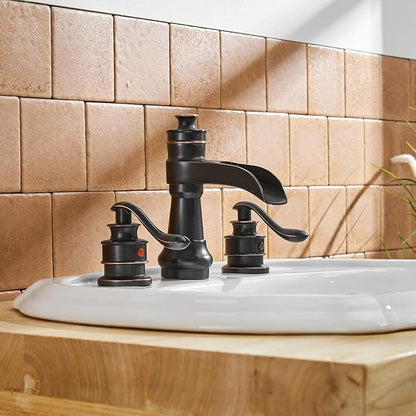 8 Inch 3 Hole Widespread Bathroom Sink Faucet Two Handle | Oil Rubbed Bronze,Waterfall Spout,with Pop Up Drain Stopper Assembly and Supply Lines,Farmhouse Vanity Mixer Tap,Lead-Free