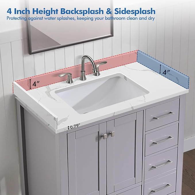 36 in.W x 22 in.D Quartz Calacatta River Vanity Top,with Undermount Middle Sink Vanity Top,with Two Sidesplash & One Backsplash,8 Inch Faucet Hole Spread Bathroom Vanity Sink Countertop