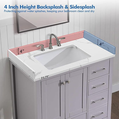 36 in.W x 22 in.D Quartz Calacatta River Vanity Top,with Undermount Middle Sink Vanity Top,with Two Sidesplash & One Backsplash,8 Inch Faucet Hole Spread Bathroom Vanity Sink Countertop