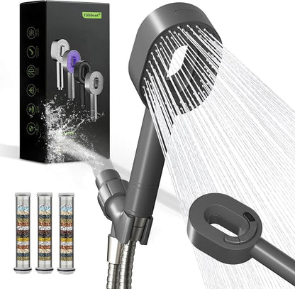 Hibbent Filtered Handheld Showerhead with 3 Filters, 5 Sprays Shower Head | Gray High Pressure Shower Heads, Brass Holder & 71" Metal Hose, Water Soft Filter Remove Chlorine, Reduce Dry Itchy Skin