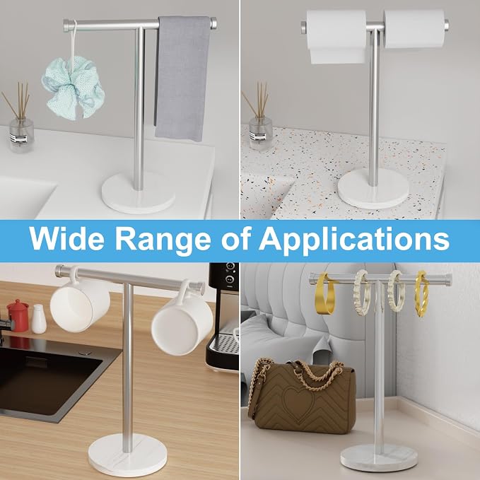Hand Towel Holder for Bathroom, Freestanding Towel Stand, Brushed Nickel | T-shape Stainless Steel Towel Rack with Heavy Marble Base for Hand Towels on Bathroom Vanities, Guest Baths or Counters