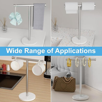 Hand Towel Holder for Bathroom, Freestanding Towel Stand, Brushed Nickel | T-shape Stainless Steel Towel Rack with Heavy Marble Base for Hand Towels on Bathroom Vanities, Guest Baths or Counters
