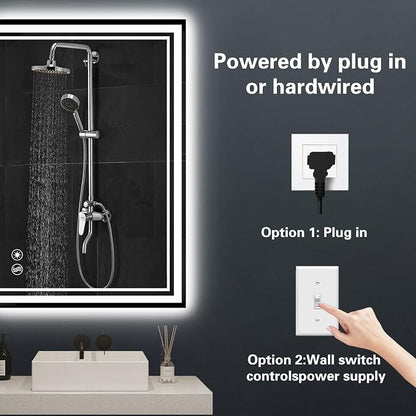 28“ x 36” LED Bathroom Mirror Fogless LED Mirror for Bathroom Dimmable 3 Colors Lights Smart Vanity Mirror Touch Sensor Home Decor Wall Mounted Horizontal/Vertical