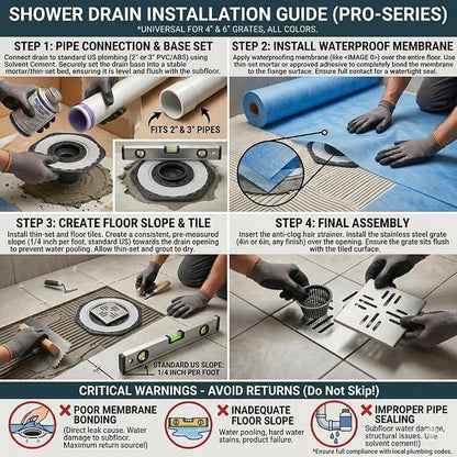 4-Inch Square Shower Drain Kit with Bonding Flange, Brushed Silver | Removable 304 stainless steel grate with hair strainer; fits 2- and 3-inch pipes for tiled shower floors and wet areas