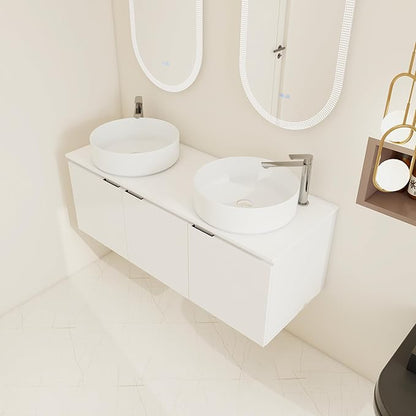 48 Inch Bathroom Vanity with Sink, 48" Floating Bathroom Vanity with Double Vessel Sinks, Modern Wall Mounted Cabinet Set, White Storage Cabinet with 3 Soft Close Doors and 2 White Ceramic Basin Sinks