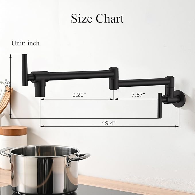 Pot Filler Faucets - for Kitchen, Sink, Stove and Bar with Brass Wall Mount Double Joint Swing Arms - Leak Free Designs with High-Flow Aerators - Retractable and Folding Save Space - Matte Black