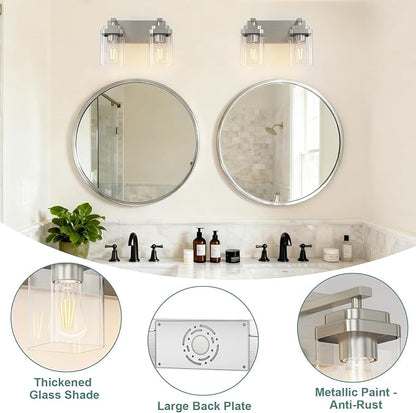 Brushed Nickel Bathroom Light Fixtures, 2 Lights Bathroom Lighting Fixtures Over Mirror, Square Design & Rectangle Large Backplate, Modern Vanity Lighting Fixtures, for Living Room/Bedroom