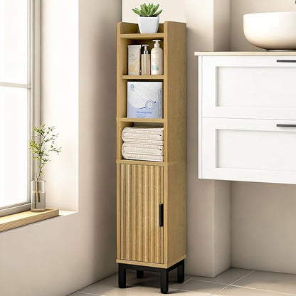 Narrow Bathroom Storage Cabinet, Corner Toilet Paper Floor Cabinet 5 Tiers with Door and Shelves,Bathroom Organizer with Adjustable Shelf, for Small Spaces (Oak)
