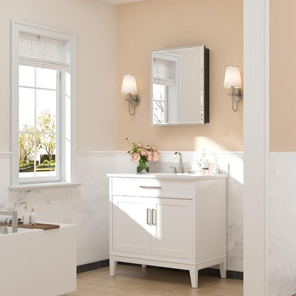 Keonjinn Bathroom Medicine Cabinets with Mirror, 24" x 30" Brushed Nickel Medicine Cabinet, Recessed or Wall-Mounted, Aluminum Alloy Framed, Farmhouse Bathroom Mirror with Storage Cabinet