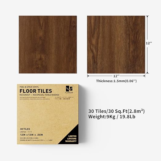 Peel and Stick Floor Tiles, Dark Brown Wood, 30 Sq.Ft | Non-Slip / Coated Surface / Indoor House / DIY Installation / Waterproof/Renter Friendly /2.8m2