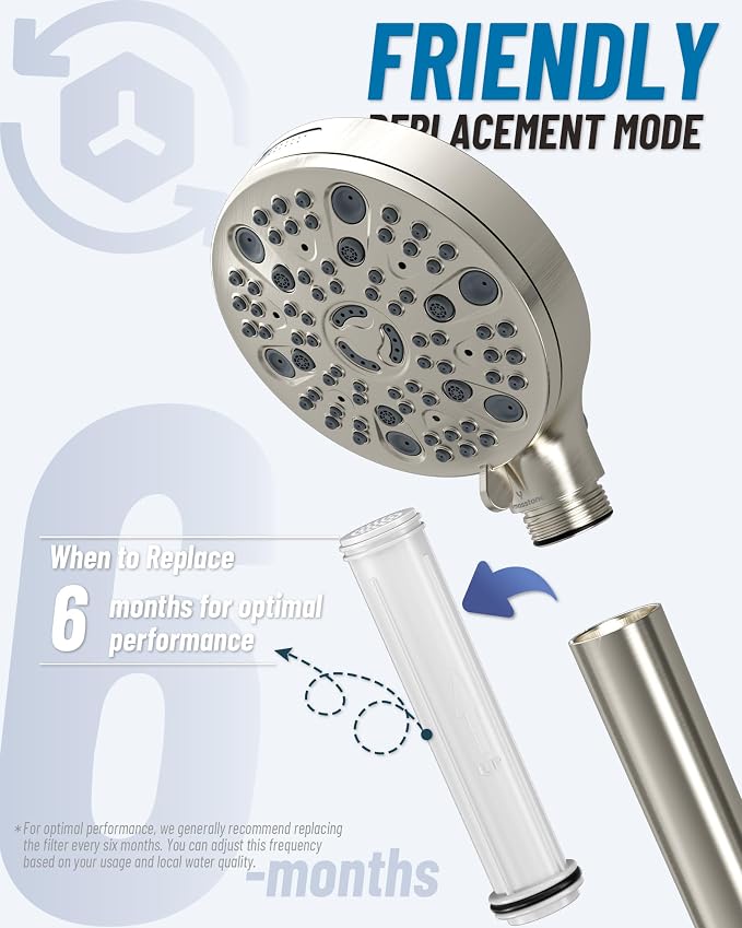 Filtered Handheld Shower Head for Hard Water, High Pressure Showerhead with 7 Spray Modes, Power Jet & Pause, Detachable & Adjustable for Healthier Skin & Hair - Brushed Nickel (VMASSTONE HM-003)