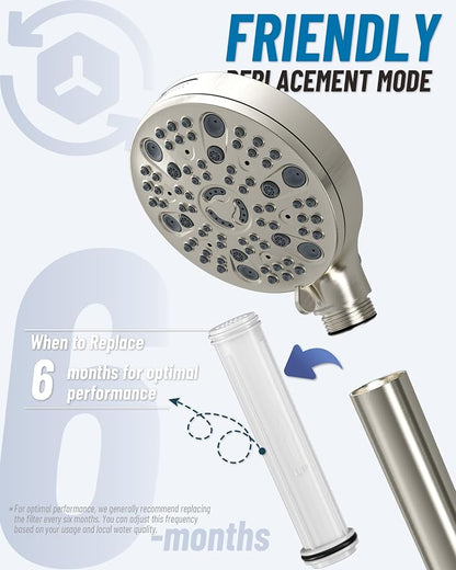 Filtered Handheld Shower Head for Hard Water, High Pressure Showerhead with 7 Spray Modes, Power Jet & Pause, Detachable & Adjustable for Healthier Skin & Hair - Brushed Nickel (VMASSTONE HM-003)