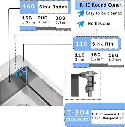 VCCUCINE Drop in Bar Sink, 15x15 Inch Topmount RV Small Kitchen Sink, Handmade Stainless Steel Wet Bar Sink, Outdoor Single Bowl, Brushed Nickel Prep Sink with Accessories