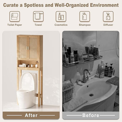 Over the Toilet Storage Cabinet, Bathroom Storage Cabinet with Rattan Doors, Bathroom Cabinet Over Toilet with Adjustable Shelf, Tall Freestanding Over Toilet Bathroom Organizer, Boho Natural Style