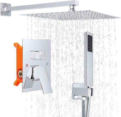 Bathroom Shower Faucet Set，10 Inch Rain Shower Head with Handheld Spray，Brass Shower Valve Trim Kit，Wall Mounted Square Rain Shower System (Chrome)