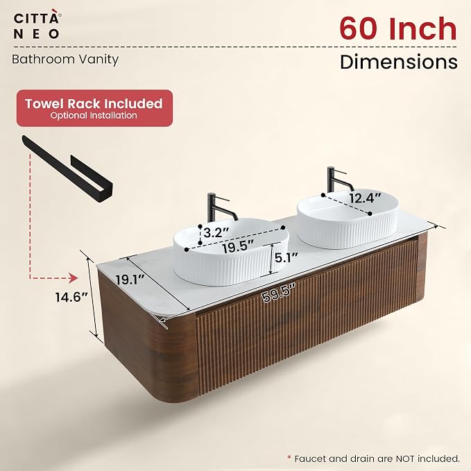 60" Floating Bathroom Vanity with Double White Sink, Walnut | Pre-Assembled Fluted Wall Mounted Vanity with Sintered Stone Countertop, Rounded Edges, Soft-Close Drawers & Towel Rack
