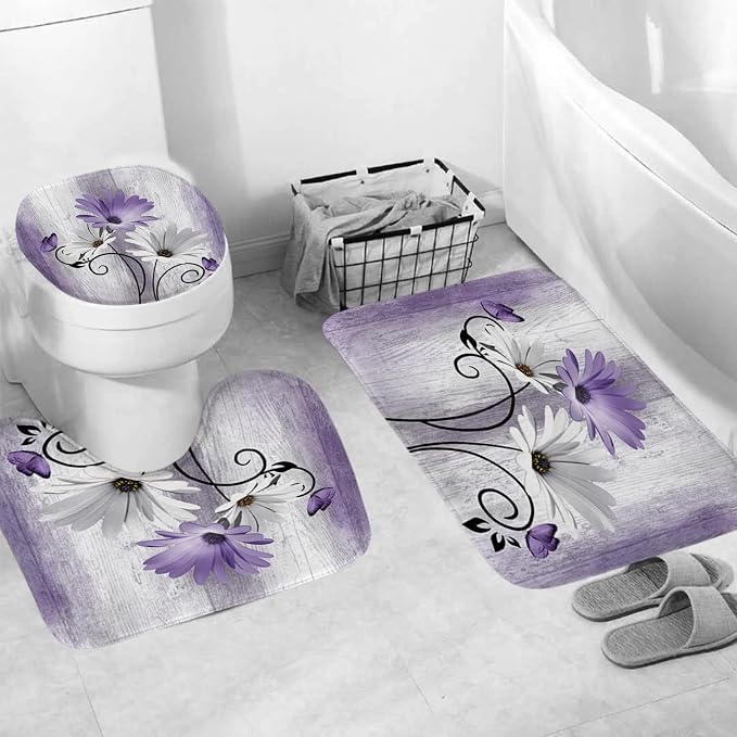 Onalasyc 4PCS Purple Daisy Bathroom Sets with Shower Curtain and Rugs | Country Floral Butterfly Shower Curtain Set,Modern Bathroom Decor Shower Curtains Set with Rugs Toilet Lid Cover and 12 Hooks