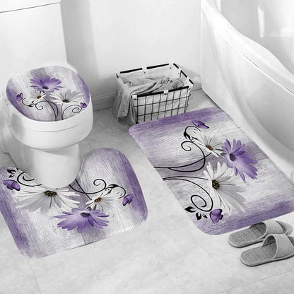 Onalasyc 4PCS Purple Daisy Bathroom Sets with Shower Curtain and Rugs | Country Floral Butterfly Shower Curtain Set,Modern Bathroom Decor Shower Curtains Set with Rugs Toilet Lid Cover and 12 Hooks