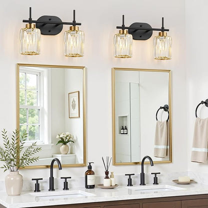 Modern Crystal Bathroom Vanity Light Fixtures, 2-Light Black and Gold Bathroom Wall Sconce Lighting for Over Mirror, Clear K9 Crystal Shades, E26 Base, Bulbs Not Included