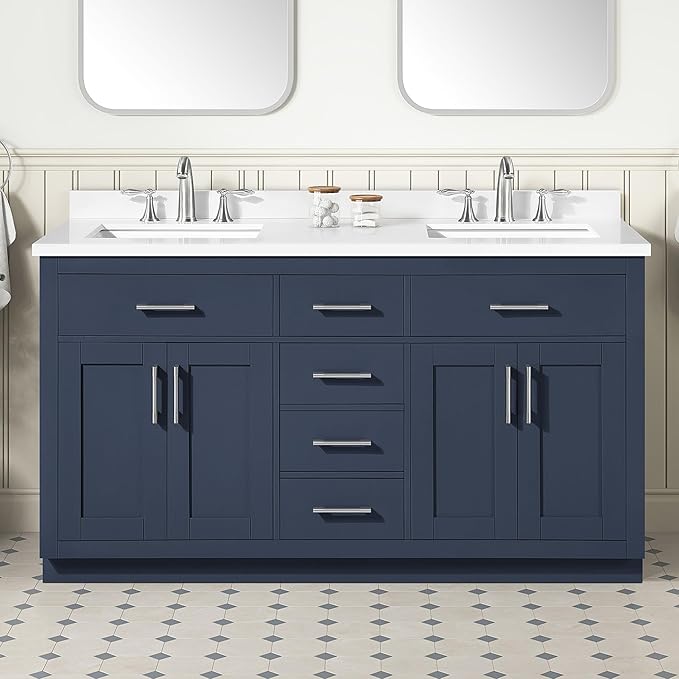 OVE Decors Bailey 60 in. Double Sink Freestanding Midnight Blue Bathroom Vanity with White Quartz Top, Matching Backsplash and Power Bar