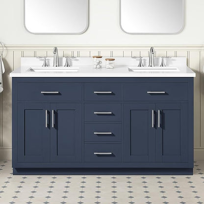 OVE Decors Bailey 60 in. Double Sink Freestanding Midnight Blue Bathroom Vanity with White Quartz Top, Matching Backsplash and Power Bar