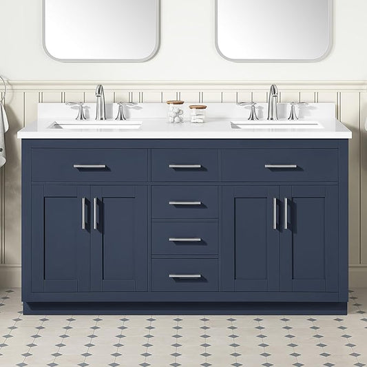 OVE Decors Bailey 60 in. Double Sink Freestanding Midnight Blue Bathroom Vanity with White Quartz Top, Matching Backsplash and Power Bar