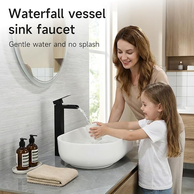 Black Tall Waterfall Bathroom Faucet, Single Hanlde Vessel Sink Faucet with Waterfall Spout, Bathroom Faucets for 1 Hole, RV Lavatory Vanity Mixer Bar Tap with Pop Up Drain and Hoses KMBF015B