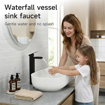 Black Tall Waterfall Bathroom Faucet, Single Hanlde Vessel Sink Faucet with Waterfall Spout, Bathroom Faucets for 1 Hole, RV Lavatory Vanity Mixer Bar Tap with Pop Up Drain and Hoses KMBF015B