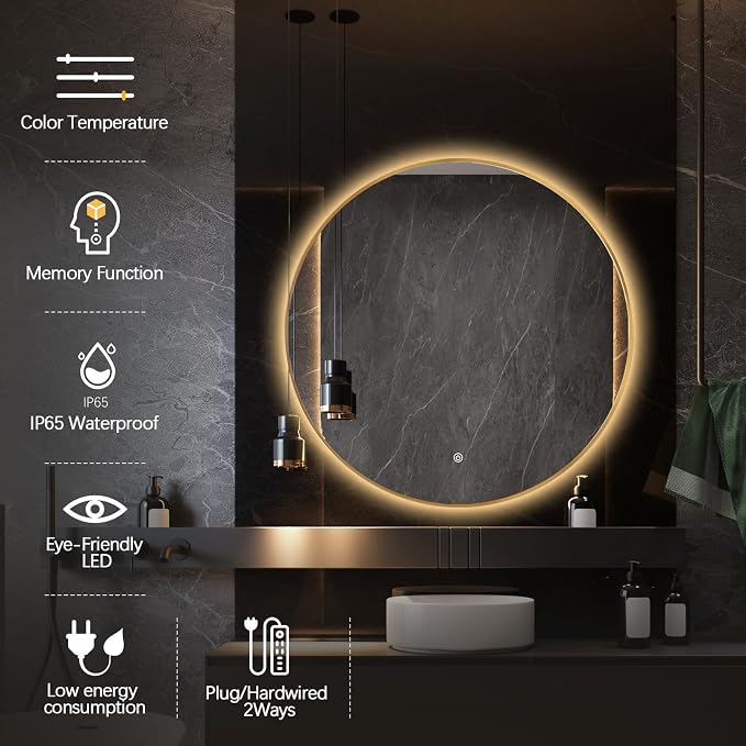 Niccy Round LED Bathroom Mirrors, Gold Framed Backlit Vanity Mirror, 32" | LED Smart Circle Mirror with 3 Color Lighting, Anti-Fog Lighted, IP65 Waterproof, Wall Mounted Bathroom Vanity
