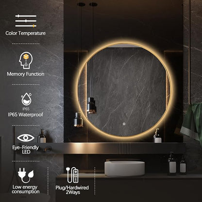 Niccy Round LED Bathroom Mirrors, Gold Framed Backlit Vanity Mirror, 32" | LED Smart Circle Mirror with 3 Color Lighting, Anti-Fog Lighted, IP65 Waterproof, Wall Mounted Bathroom Vanity