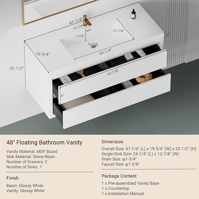 Abruzzo 48" Glossy White Wall-Mounted Bathroom Vanity with Sink – Stone Resin Countertop & Soft-Close Drawers, Waterproof Wood Cabinet for Small Bathrooms