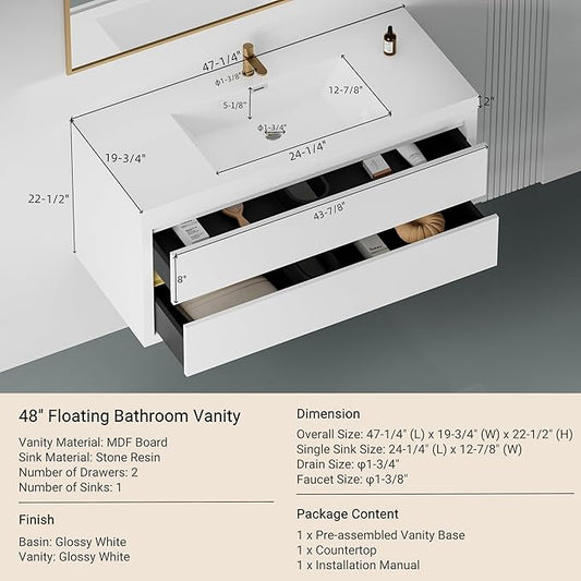 Abruzzo 48" Glossy White Wall-Mounted Bathroom Vanity with Sink – Stone Resin Countertop & Soft-Close Drawers, Waterproof Wood Cabinet for Small Bathrooms