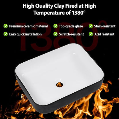 Ceramic Bathroom Sink Black and White 16" x 12" Above Counter Vessel Sink | Modern White Porcelain Ceramic Above Counter Vanity Sink Art Basin Rectangular Countertop Bathroom Vessel Sinks